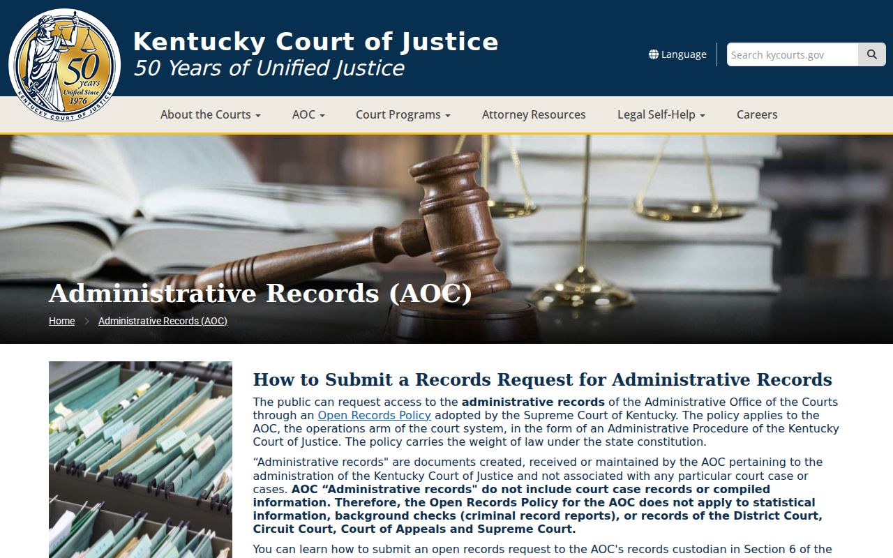 Kentucky AOC administrative records page distinguishing agency records from Clinton County case files