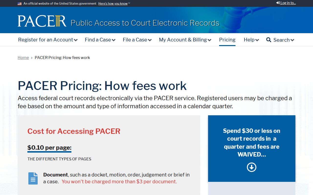 Clinton County federal criminal record PACER pricing